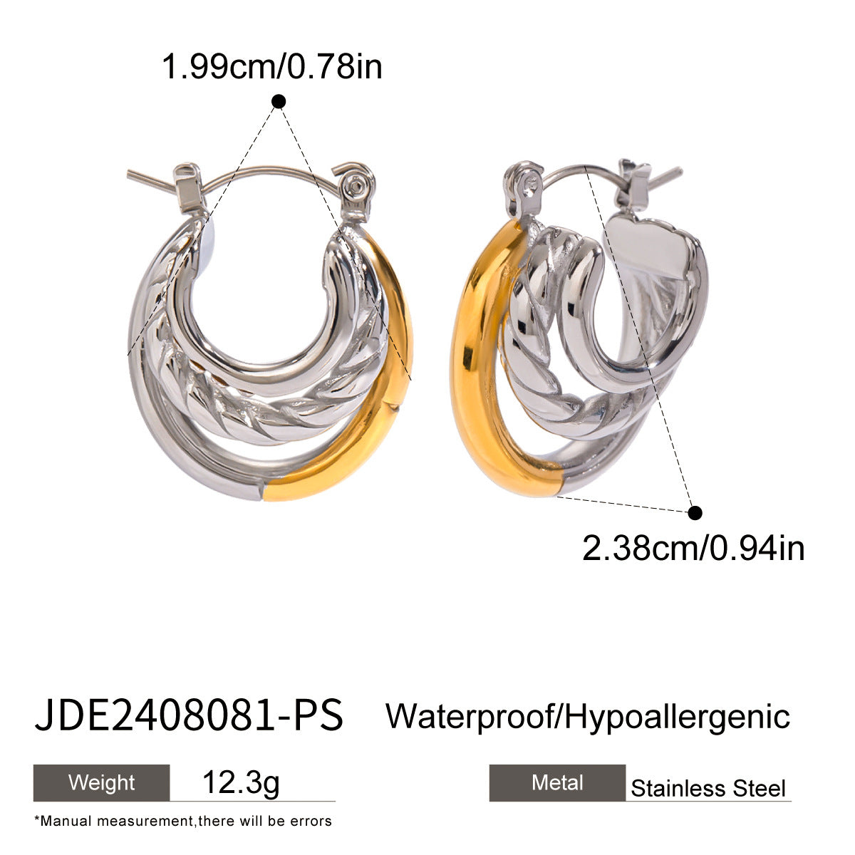 Wholesale 18k stainless steel white zircon three-layer C- shaped earrings