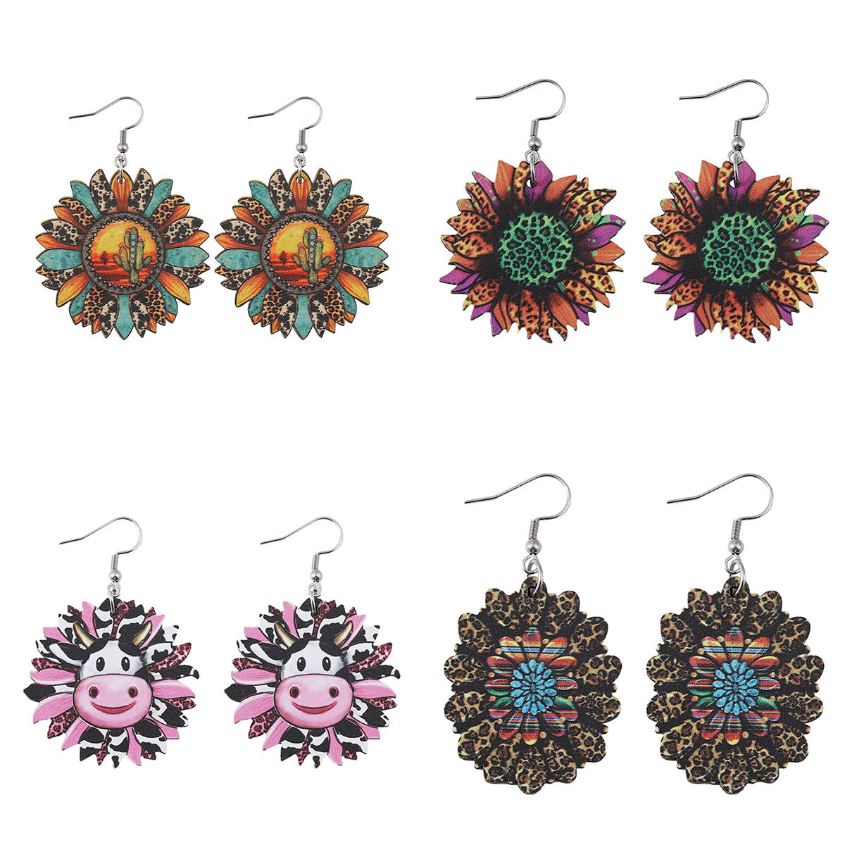 Wholesale Western Style Leopard Print Sunflower Cactus Wood Earrings ACC-ES-ChuLian087