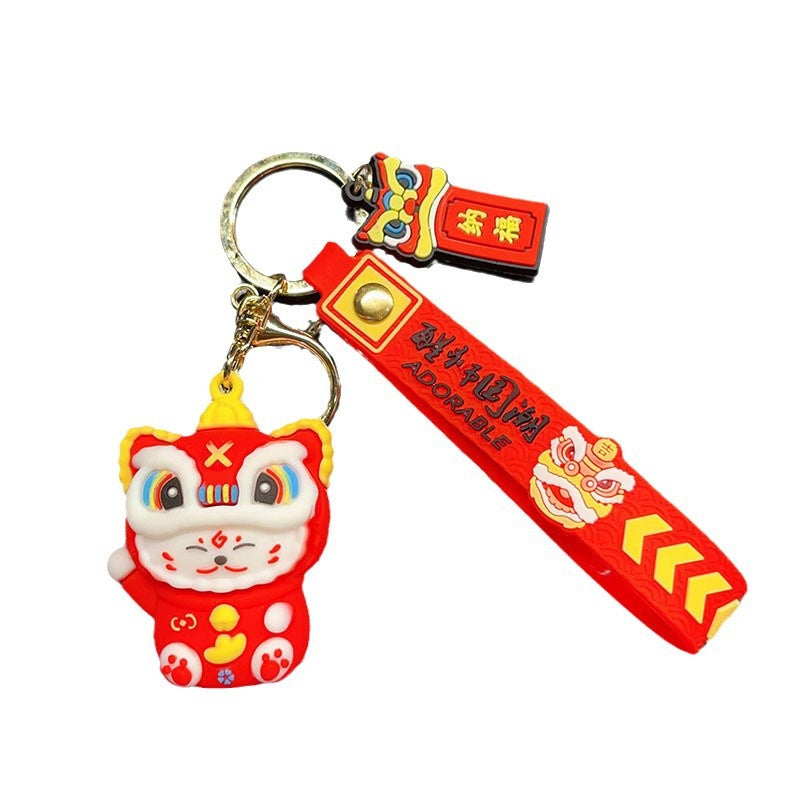 Wholesale Trendy Lion Dance Lucky Cat 3D PVC Keychain Cartoon Bag Car Hanging Ornament Decorative Gift Resale