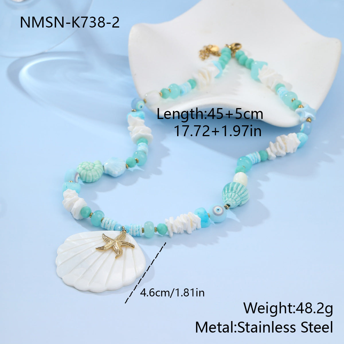 Wholesale Stainless steel ocean-themed beaded seashell pendant necklace