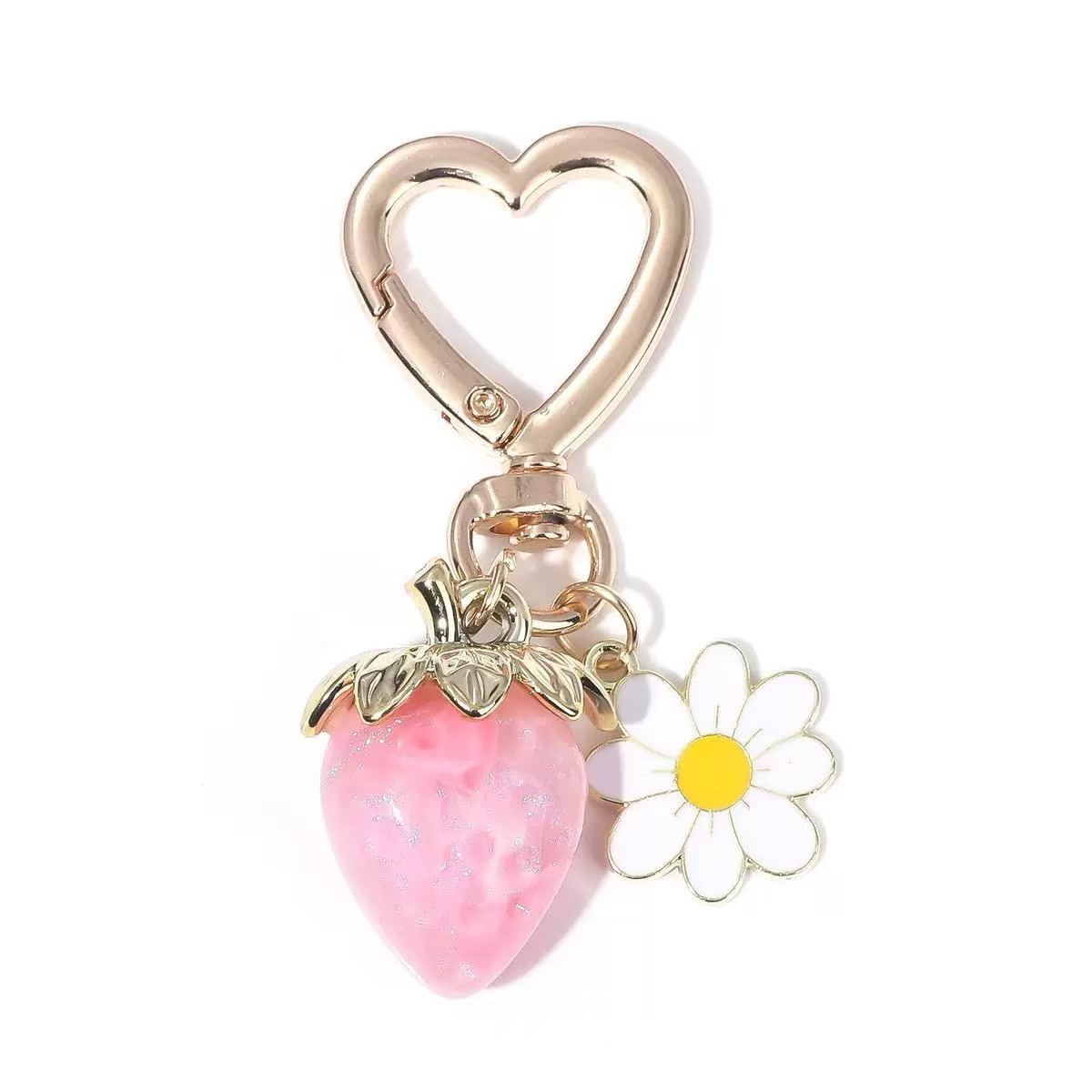 Wholesale Cute Strawberry Pearl Bow Bag Charm Keychain Plastic Resin Pendant Boutique Resale Car Key Accessory