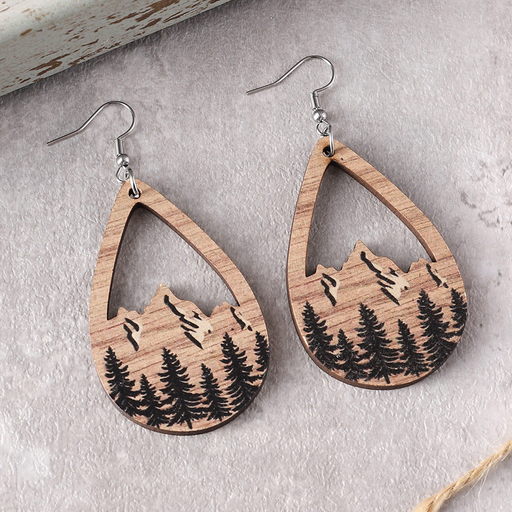 Wholesale Western Wind Mountain Pine Wood Water Drop Pendant Earrings