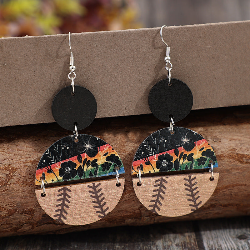 Wholesale Retro style semicircle stitching flower baseball wooden ladies earrings