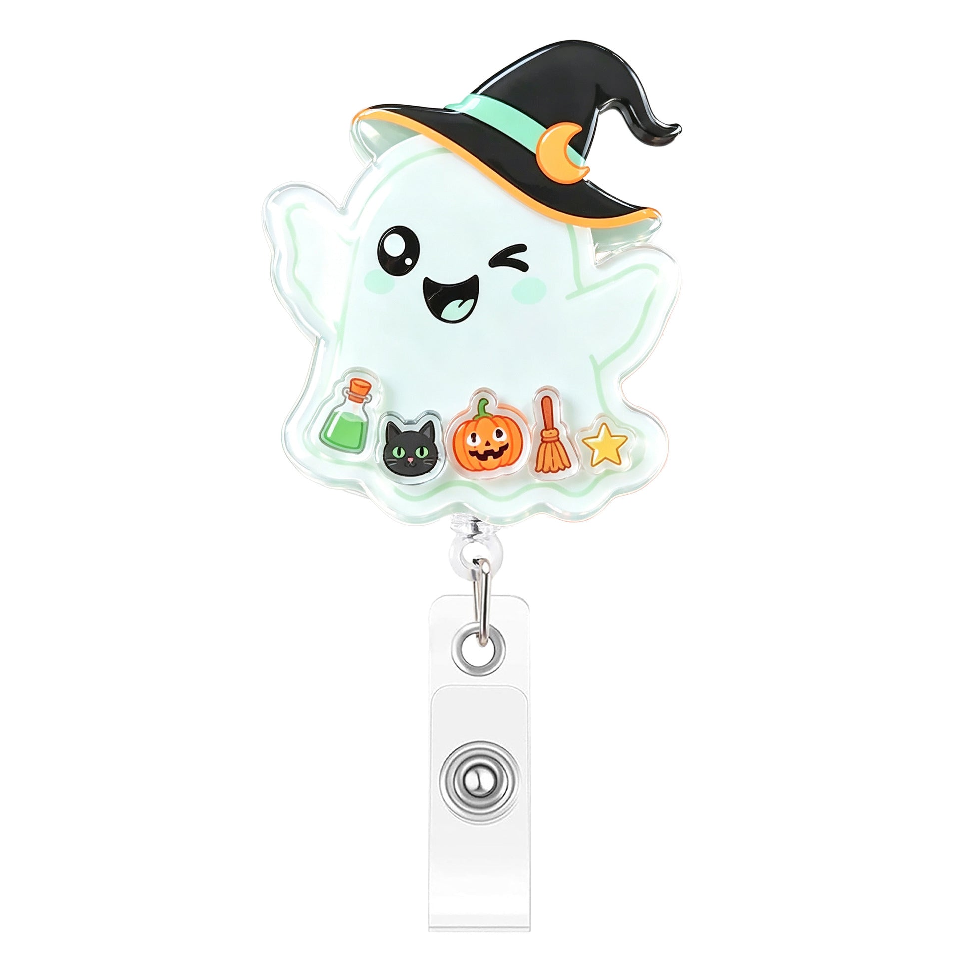 Wholesale Shake-Shake  Acrylic Ghost Pumpkin Easy-Pull Buckle Cute Telescopic ID Holder Decompression Decoration Badge Holder