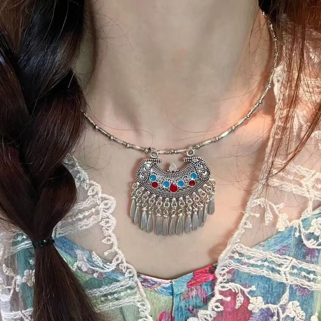 Wholesale Ethnic Style Antique Silver Engraved Long Tassel Chain Necklaces ACC-NE-Miaosi012