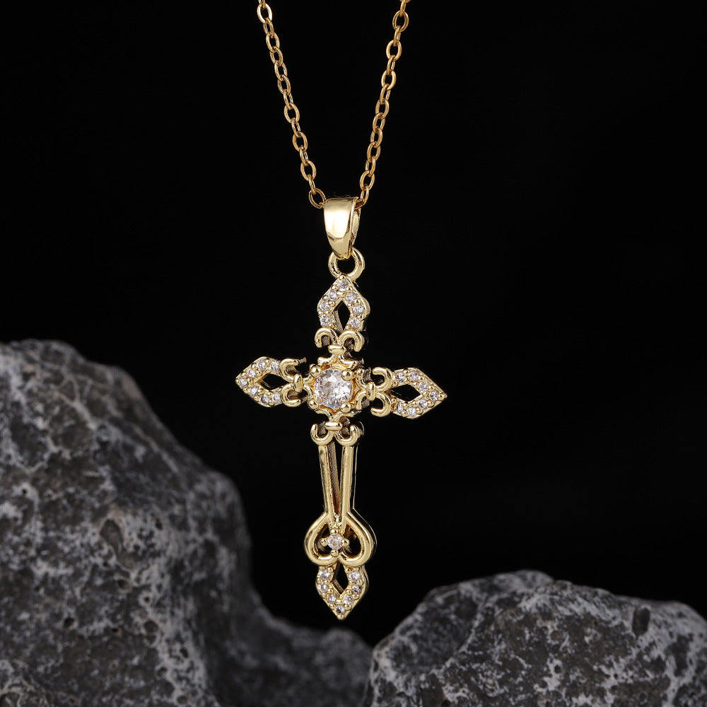 Wholesale Stylish Cross Pendant Necklace For Women Gold Plated Copper With Zircon Fashion Accessory Gift