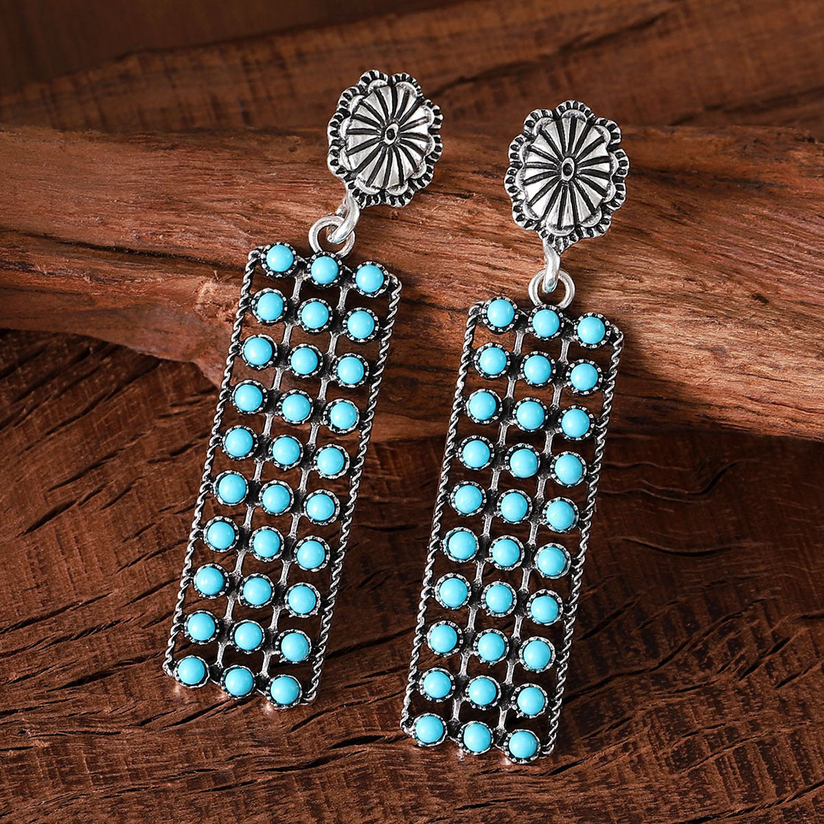 Wholesale Bohemian Inlaid Turquoise Long Pendant Earrings