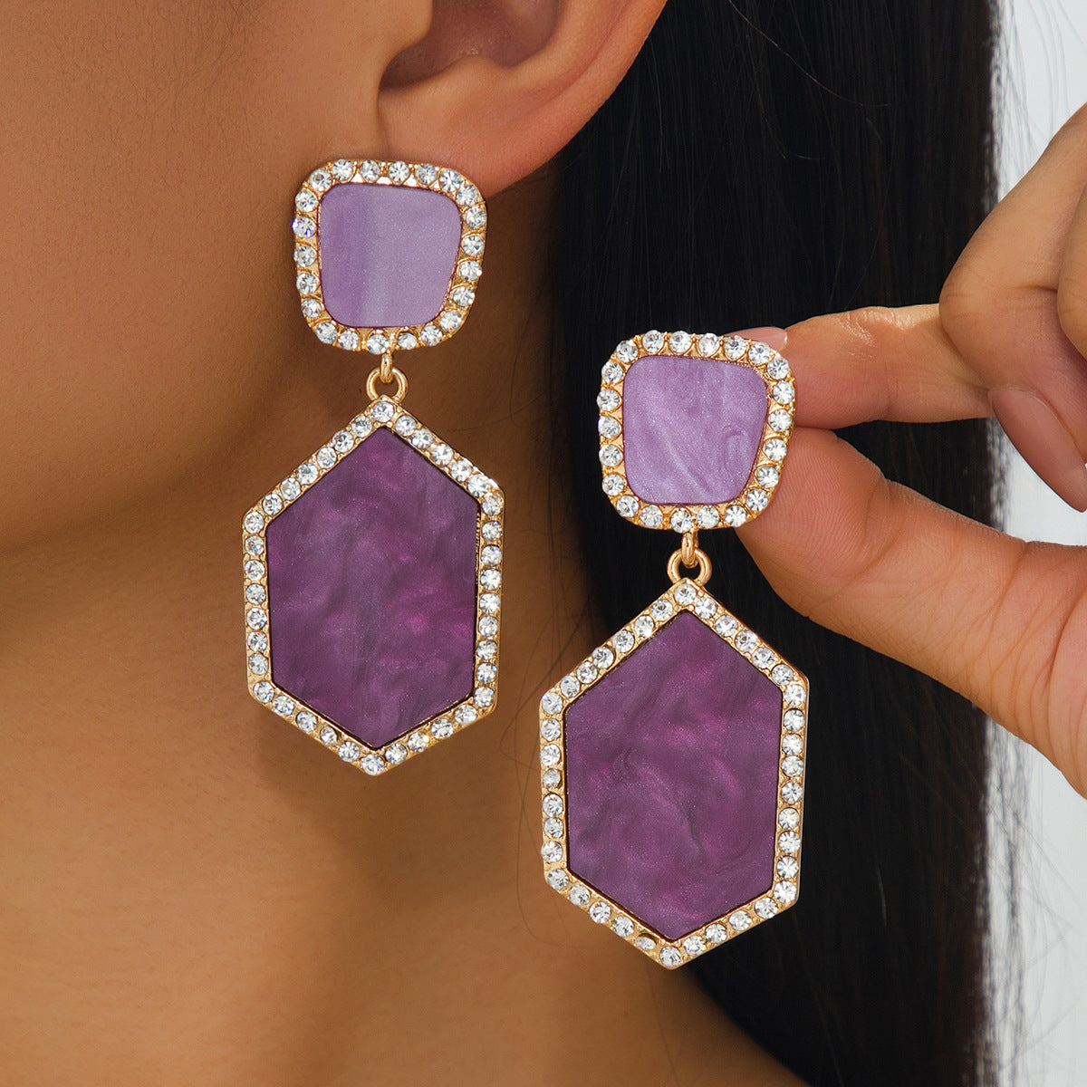Wholesale Retro Double Layer Hexagon Resin Rhinestone Pendant Earrings Fashion Jewelry Accessory Party Gift Boutique Resale