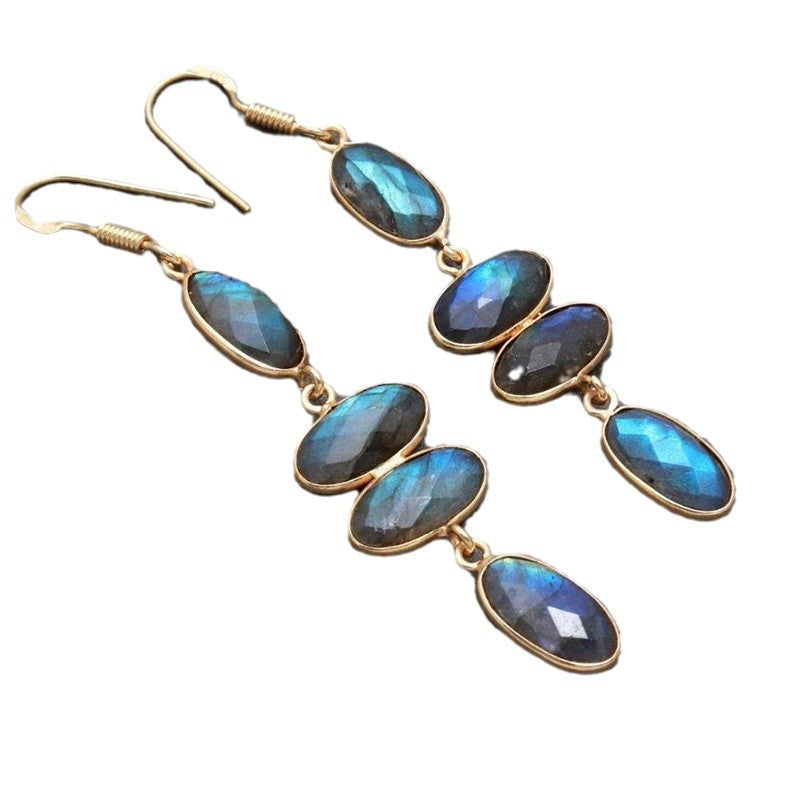 Wholesale Diamond Long Earrings  Golden Oval Blue Diamond Distinctive Earrings