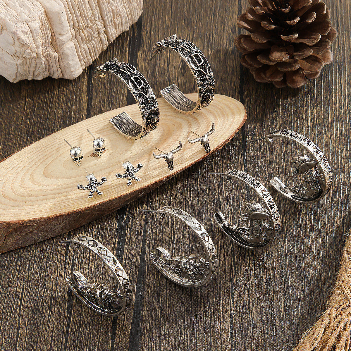 Wholesale Ancient silver skull head exaggerated features cow earrings set