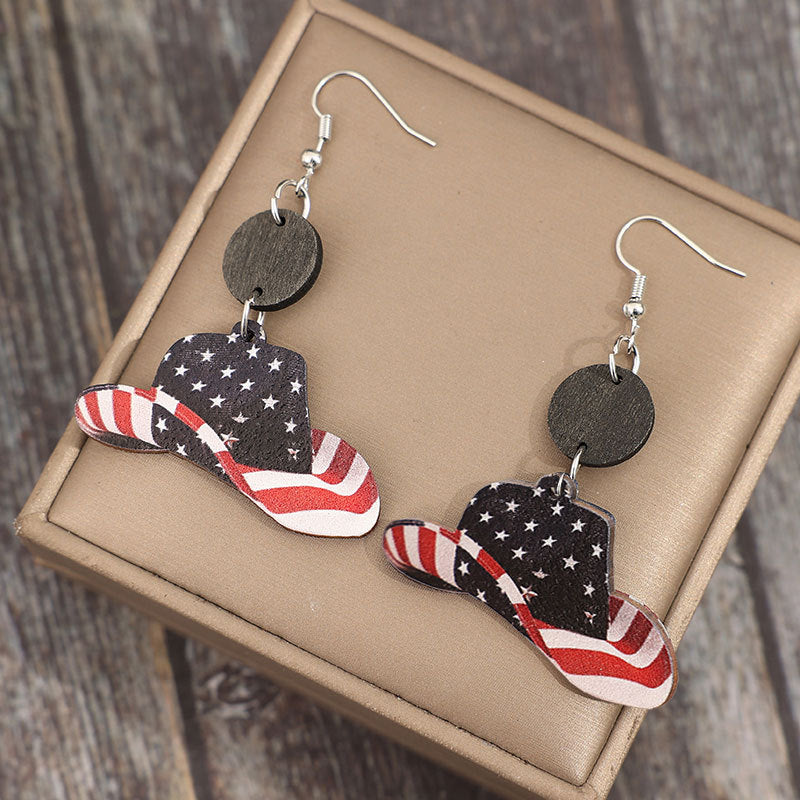 Wholesale American Independence Day retro cowboy hat striped five-pointed star wooden earrings