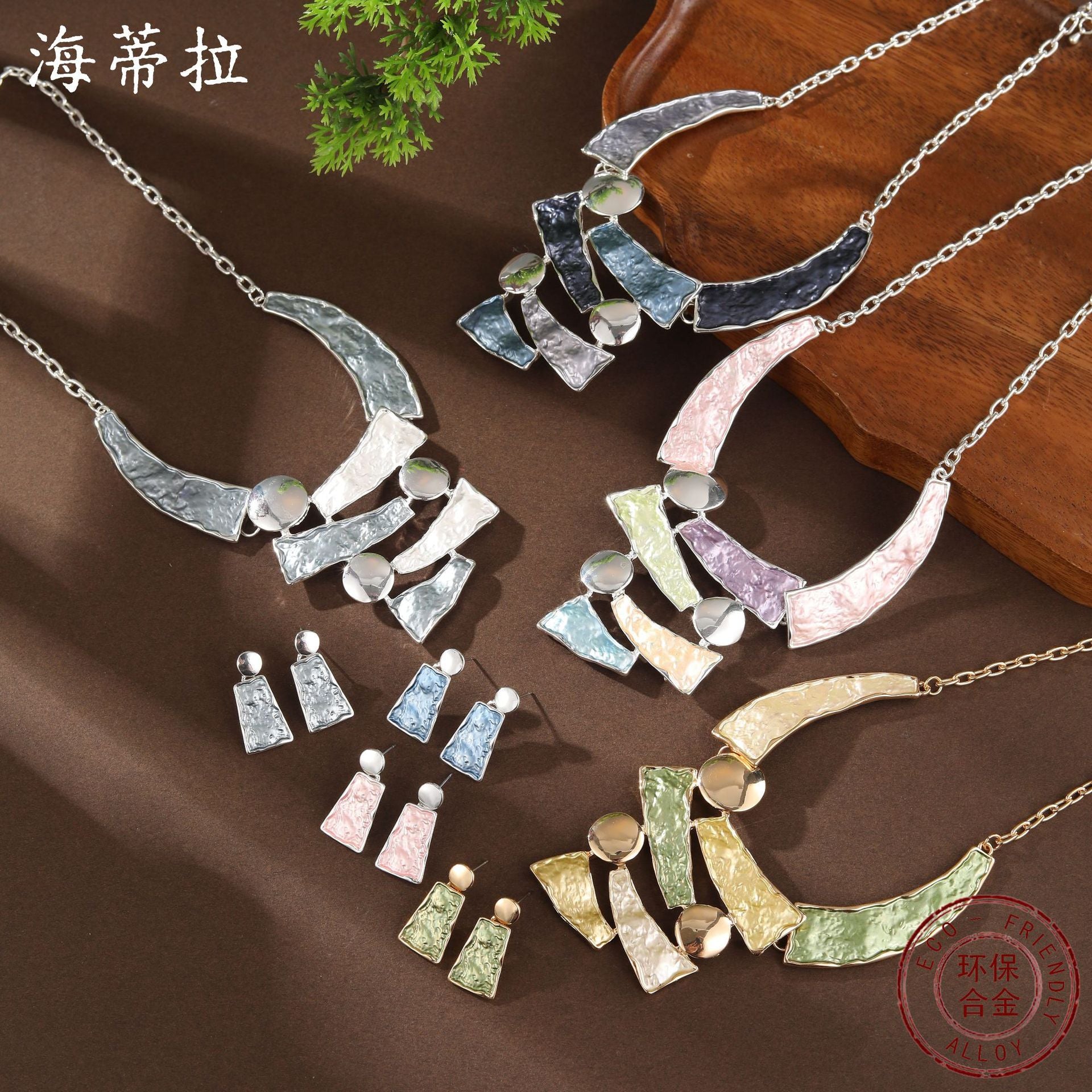 Wholesale color painting oil hollow geometric lines earrings necklace suit
