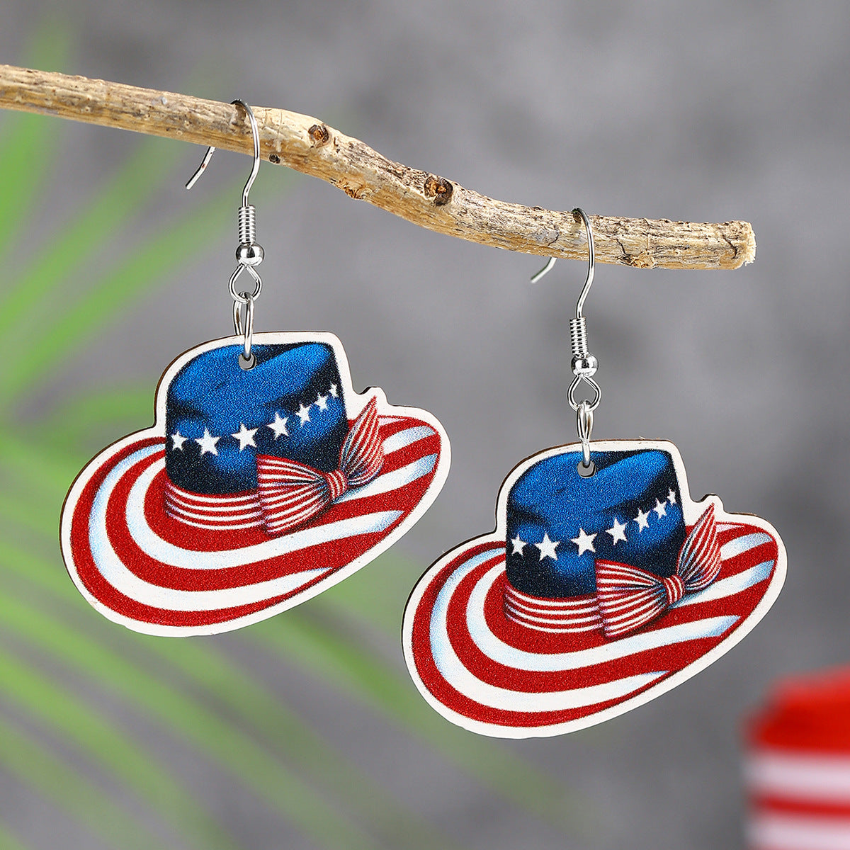 Wholesale  US Independence Day Element Wooden Water Drop Earrings