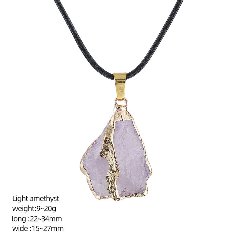Wholesale Natural Crystal Raw Stone Pendant Necklace with Leather Rope Chain Irregular Hand-Hammered Electroplated Fashion Jewelry