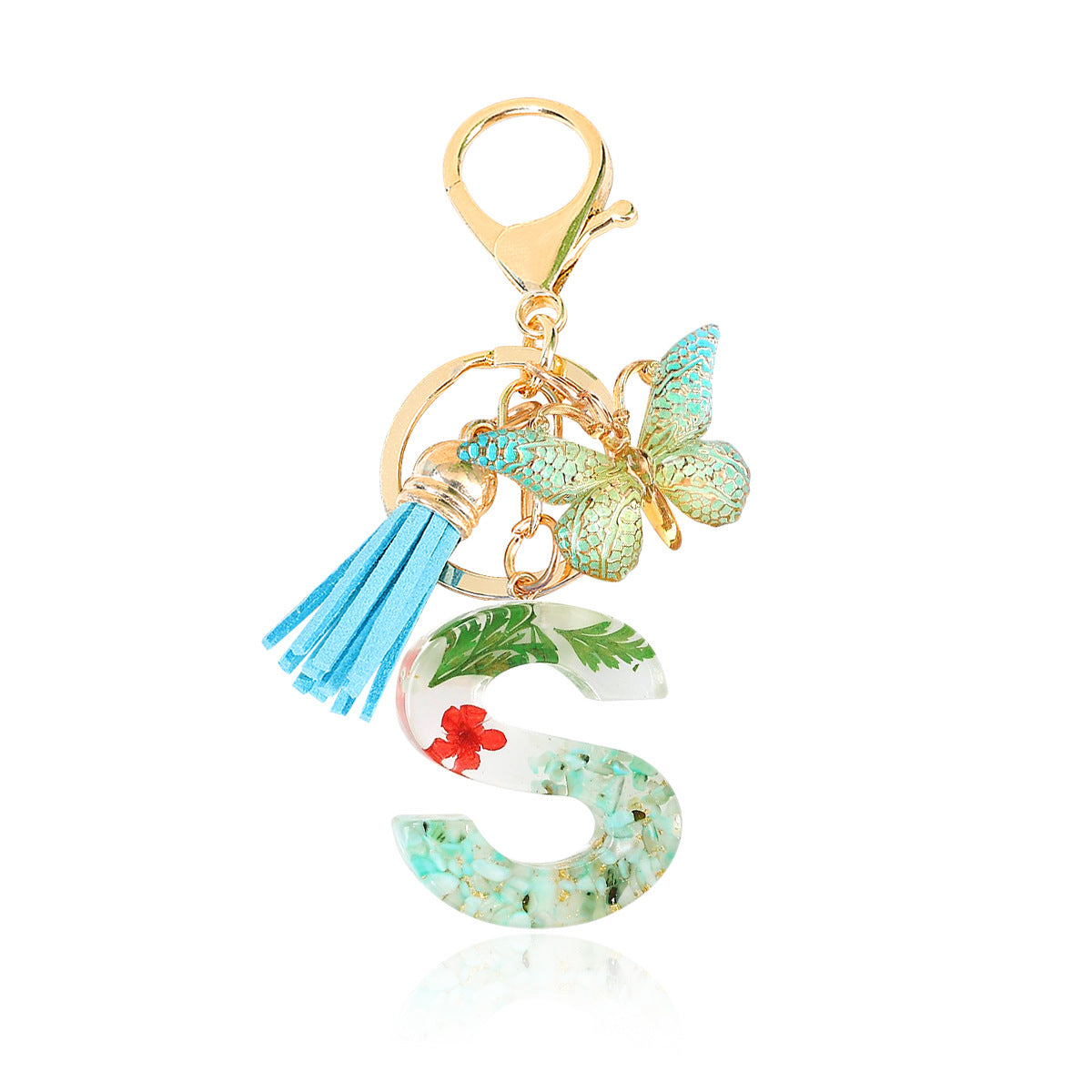 Wholesale Epoxy Green English Letter Dried Flower Crystal Keychain
