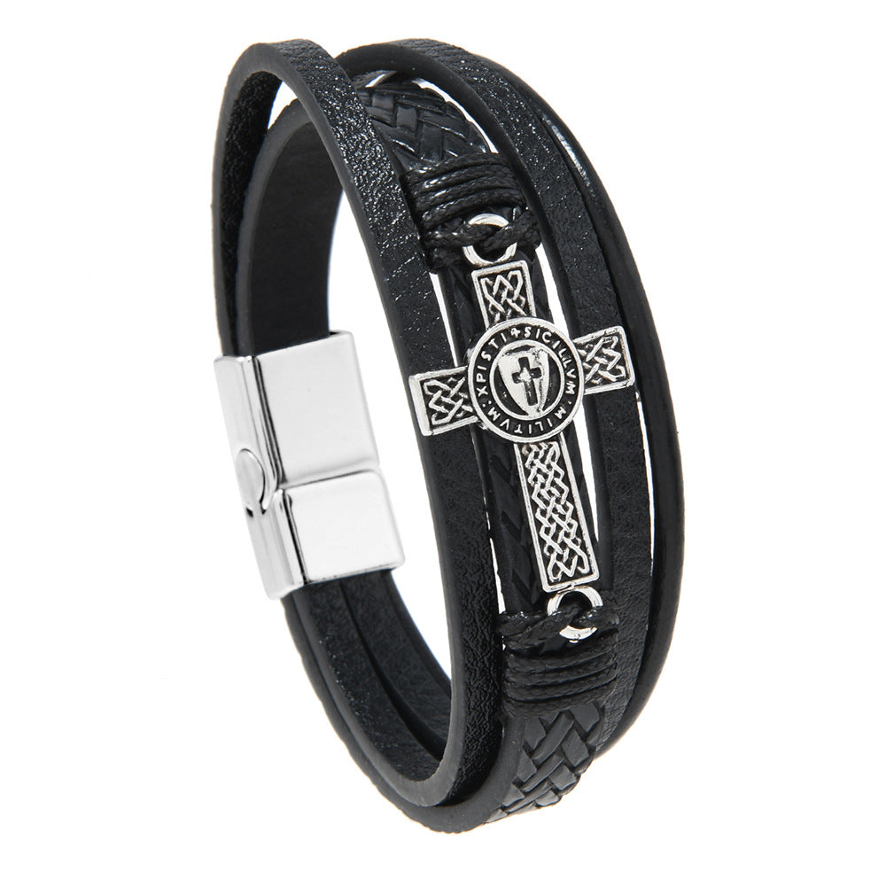 Wholesale Black Leather Men S Multi Layer Braided Cross Bracelet Casual Everyday Jewelry Accessory Gift
