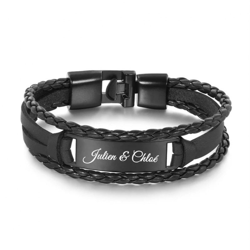 Wholesale Leather Steel Plate Bracelet,  Black Woven Steel Plate with Engraved Text,  Stainless Steel Tongue Clasp Leather Bracelet,  Three-Layer Leather Steel Plate Bracelet