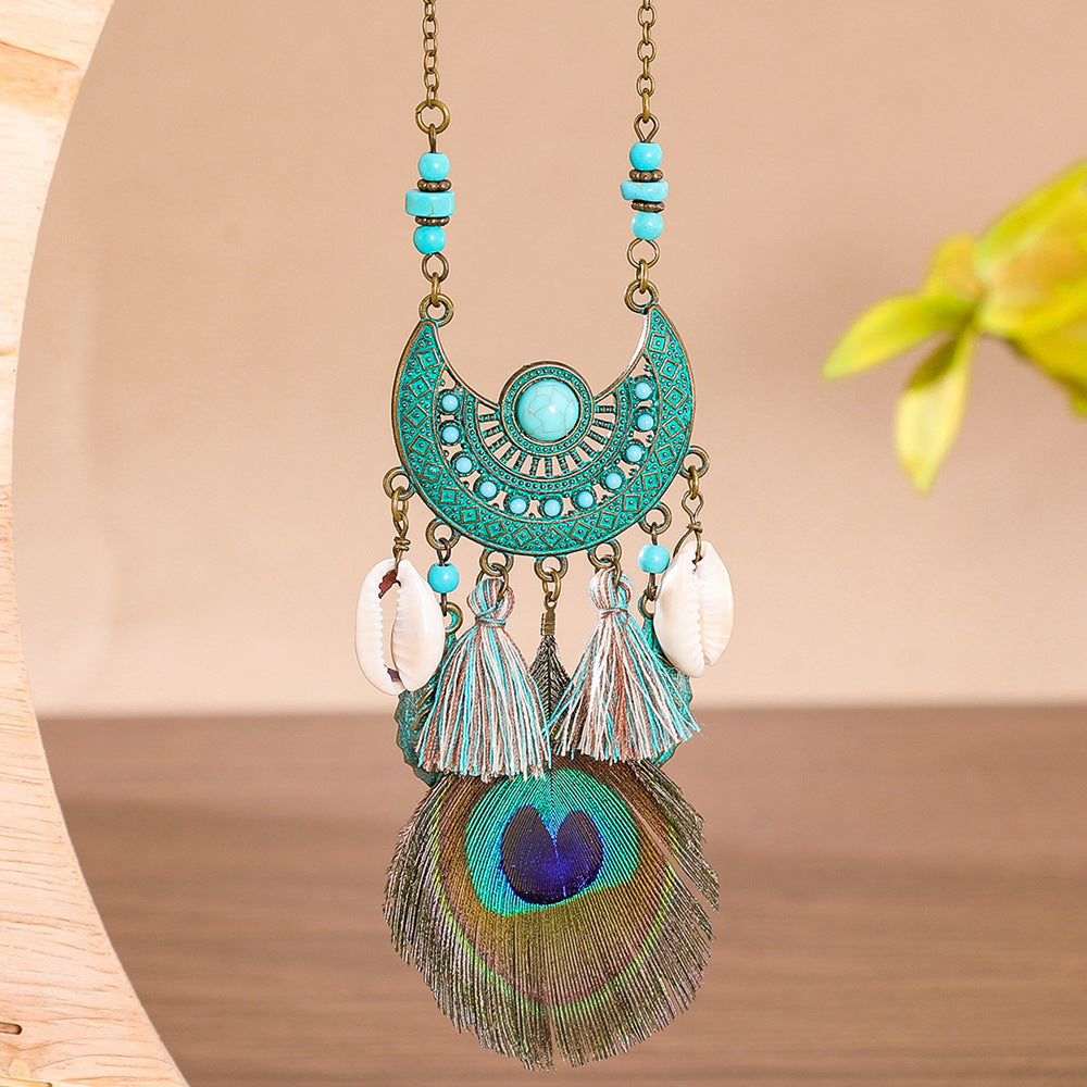 Wholesale Peacock Feather Geometric Long Necklace,  Handmade Shell Pendant Jewelry Accessory