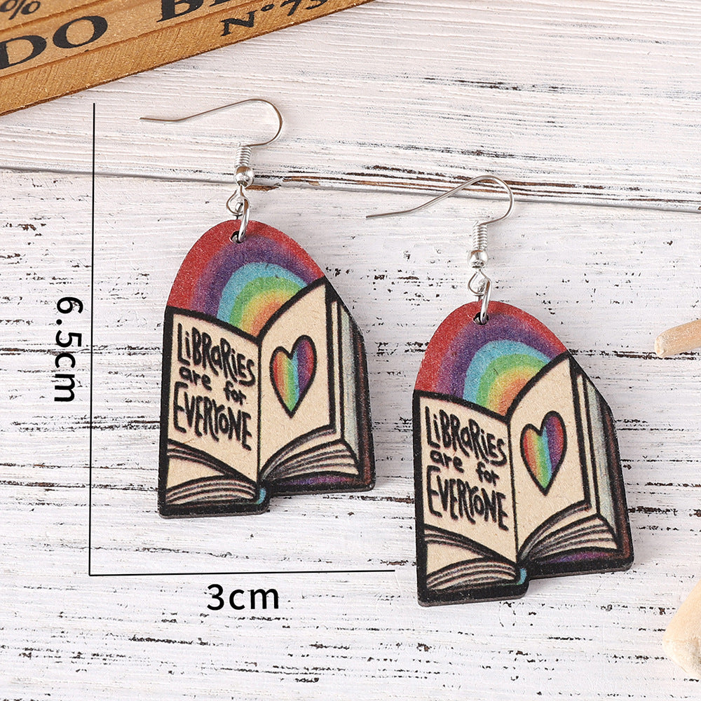 Wholesale School Season Graduation Season Rainbow Love Book Wood Double-sided Earrings ACC-ES-ChuLian049