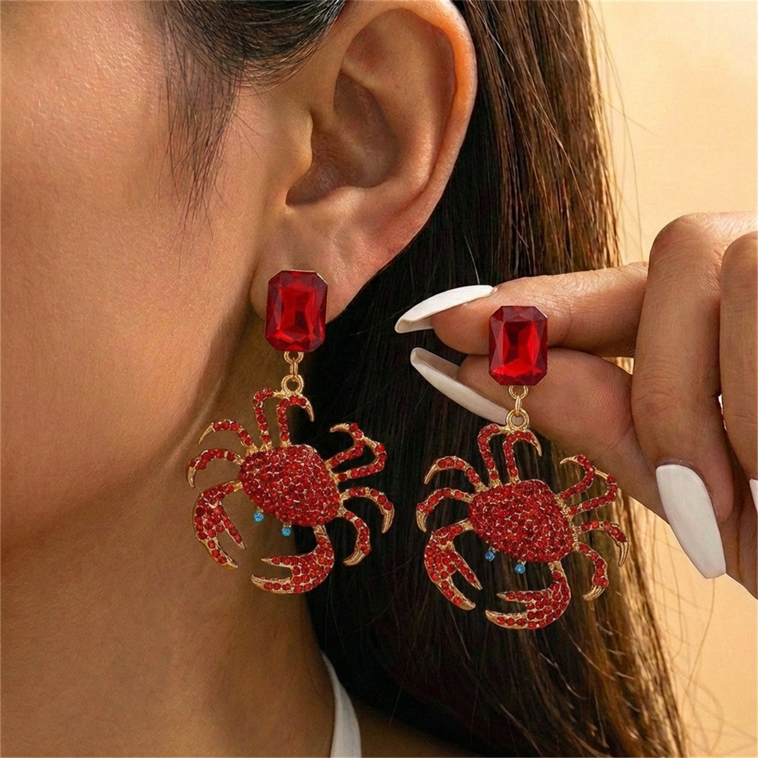 Wholesale Red Full-Pavé Crab Earrings — Light Luxury,  High-End Ocean-Themed Statement Earrings;  Bold,  Unique,  and Versatile Evening Accessories