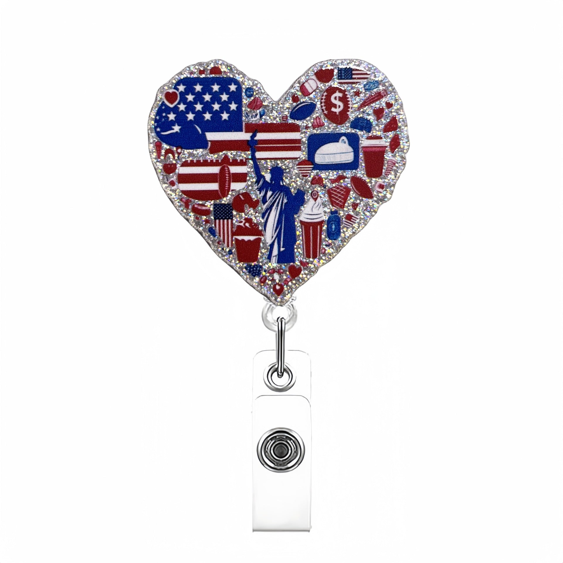 Wholesale Acrylic Glitter Independence Day Badge Reels Keychains