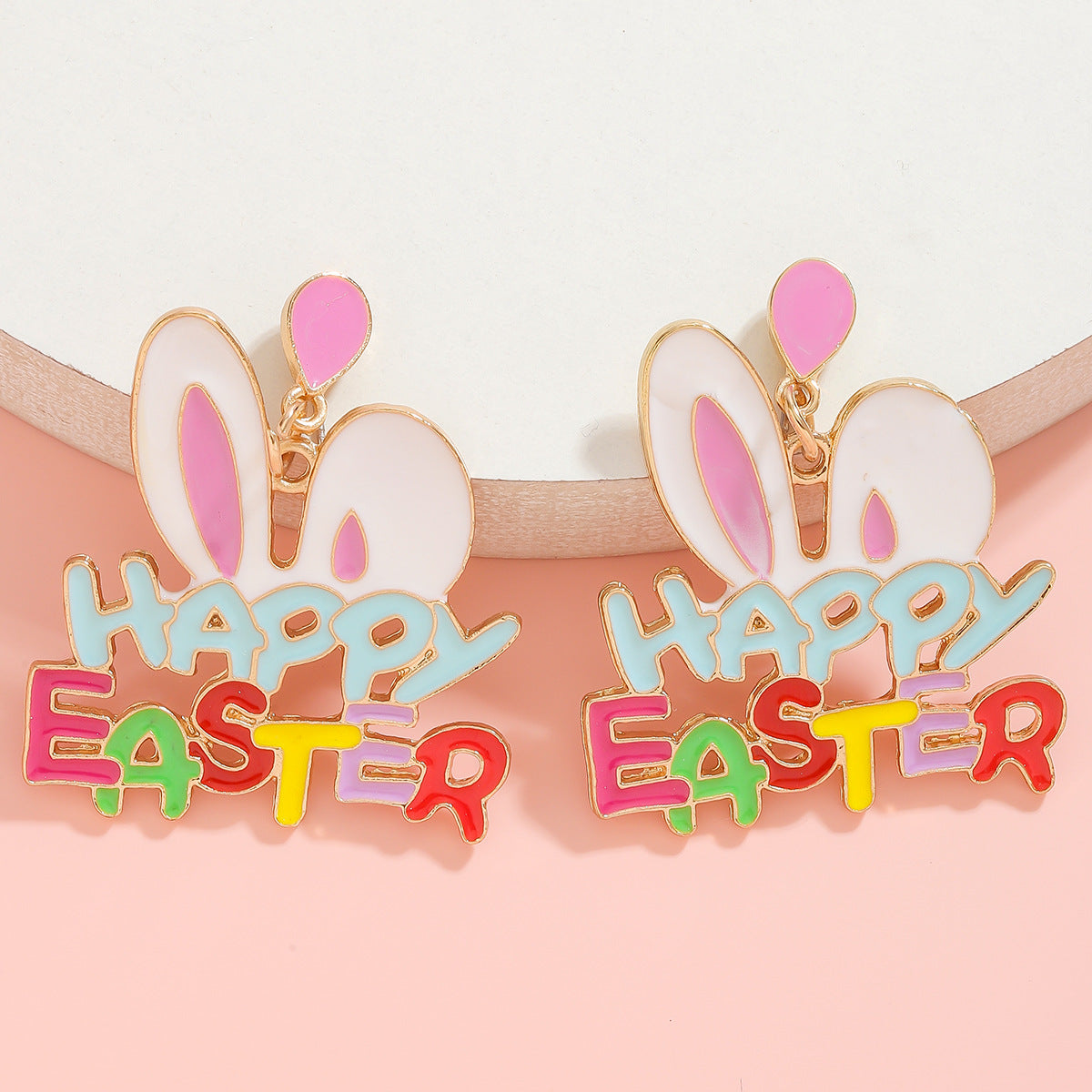 Wholesale Cute Easter Bunny Ear Dangle Earrings with Happy Lettering and Enamel Finish