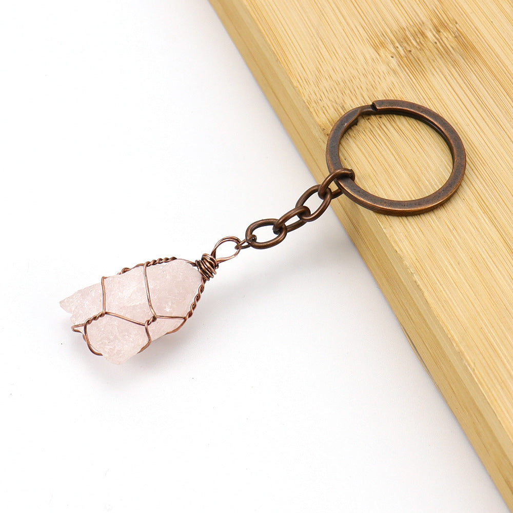 Wholesale Copper Wire Wound Natural Crystal Raw Stone Keychain ACC-KC-HanX007