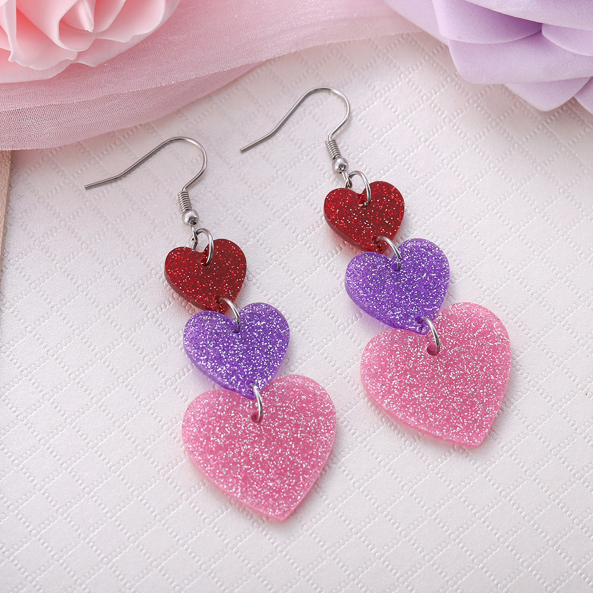 Wholesale Valentine's Day Three Color Love Heart Sequin Acrylic Tassel Earrings