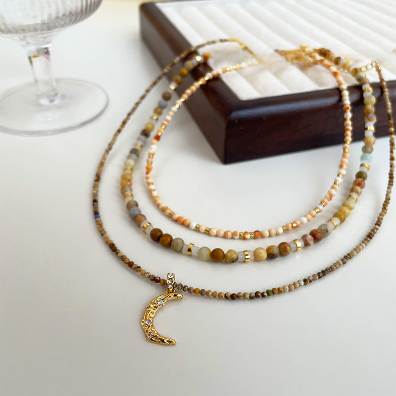 Wholesale Retro Bohemian Moon Natural Stone Pendant Beaded Necklace