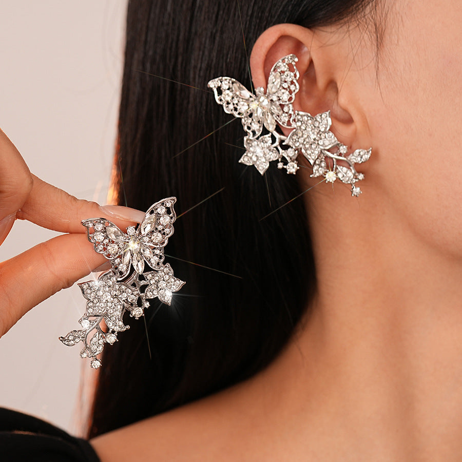 Wholesale Light Luxury Diamond-encrusted Butterfly Flower Leaf Ear Clip