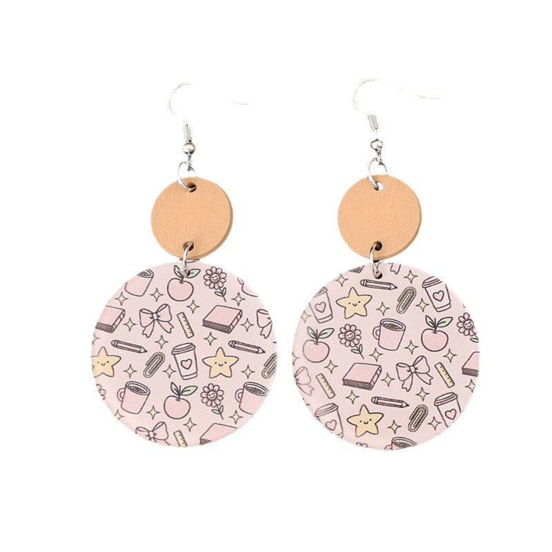 Wholesale  Fresh Style for the Beginning of School Season and Graduation Season Round Printed Pencil Pattern Acrylic Fashion Earrings