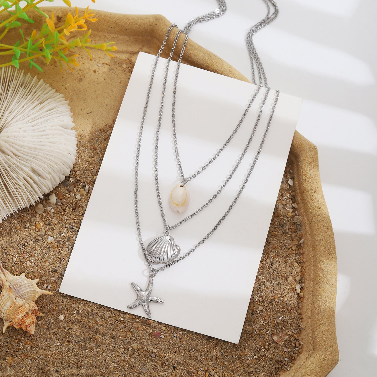 Wholesale  Stainless Steel Starfish Shell Conch Pendant Adjustable Three-Layer Necklace