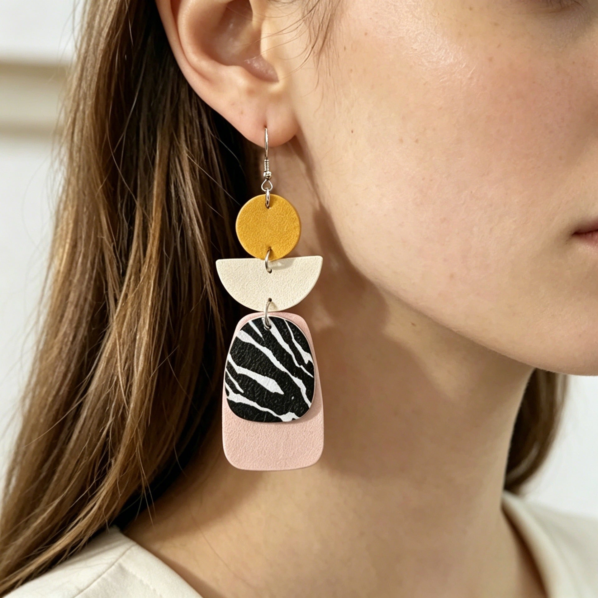 Wholesale Retro Zebra Pattern Faux Leather Earrings - Color-Block Geometric Patchwork Jewelry Accessory