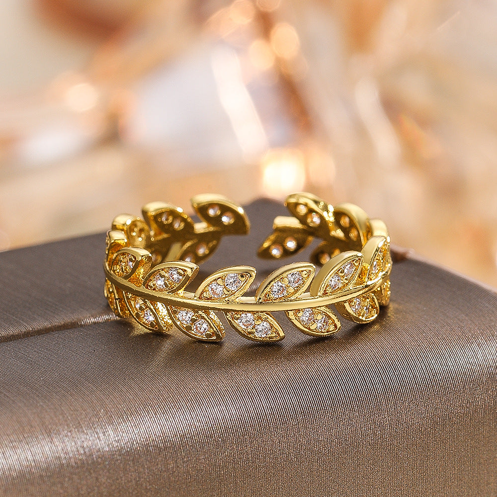 Wholesale Gold Copper Zircon Leaf Open Ring Women S Chic Fashion Jewelry Accessory