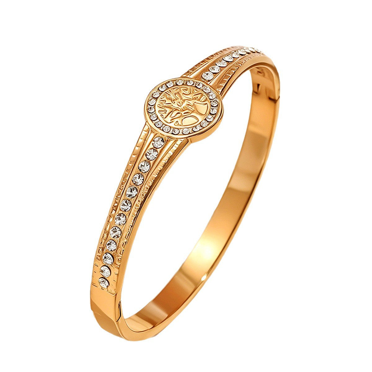 Wholesale 18K Gold Plated Stainless Steel Tree Of Life Cuff Bracelet With Zircon Jewelry Accessory For Resale