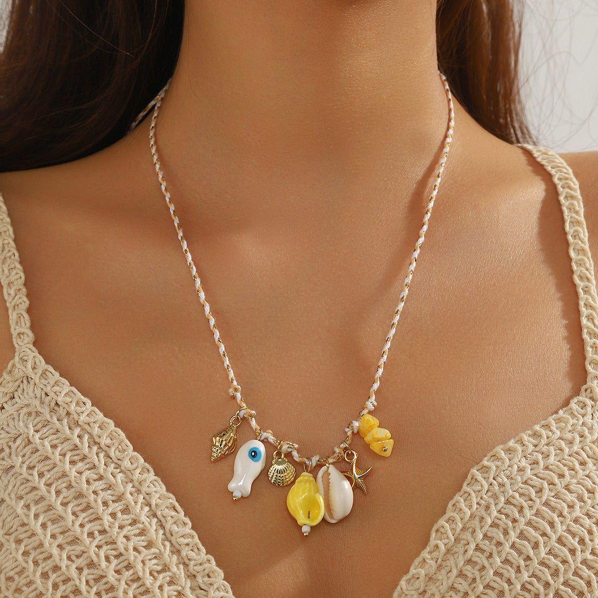 Wholesale  Ocean Style Braided Colored Rope Necklace Pearl Shell Starfish Ceramic Fish Pendant Bohemian Necklace