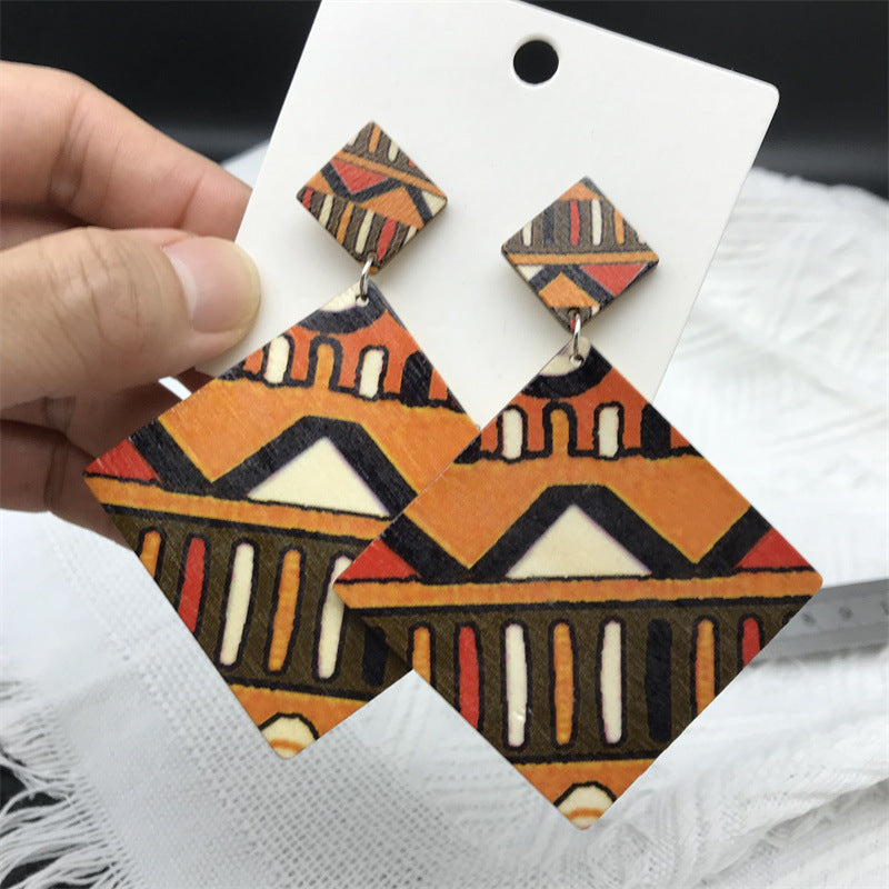 Wholesale Bohemian Vintage Wood Rhombus Long Earrings ACC-ES-FX056