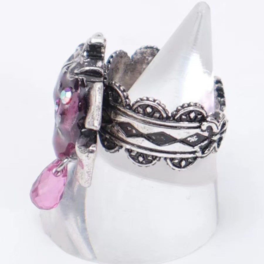 Wholesale Trendy Red Strawberry Skull Bow Rhinestone Ring Adjustable Alloy Electroplated Fashion Accessory for Party Gift