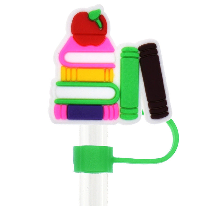 Wholesale Random 100pcs Apple Book Teacher Straw Tube Cap 10mm Soft Glue Straw Decoration Straw Cover ACC-SCR-RYY034