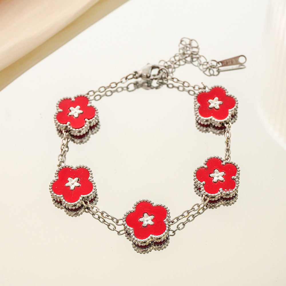 Wholesale Five Leaf Clover Floral Design Stainless Steel Bracelet Stylish Everyday Jewelry Accessory Boutique Resale Gift