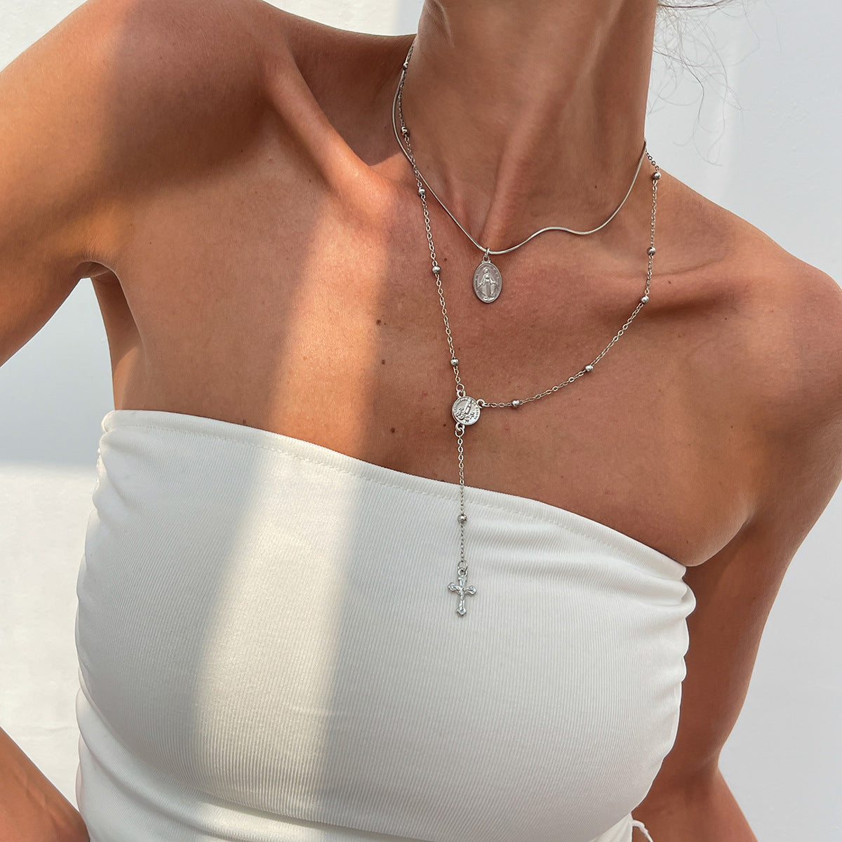 Wholesale Crystal Necklace Set with Diamond-Accented Cross and Small Flower Pendants