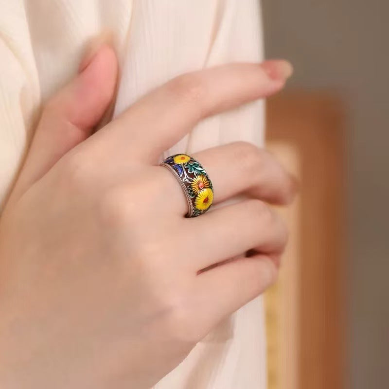 Wholesale Enamel Sunflower Ring Copper Vintage Adjustable Jaw Jewelry Accessory