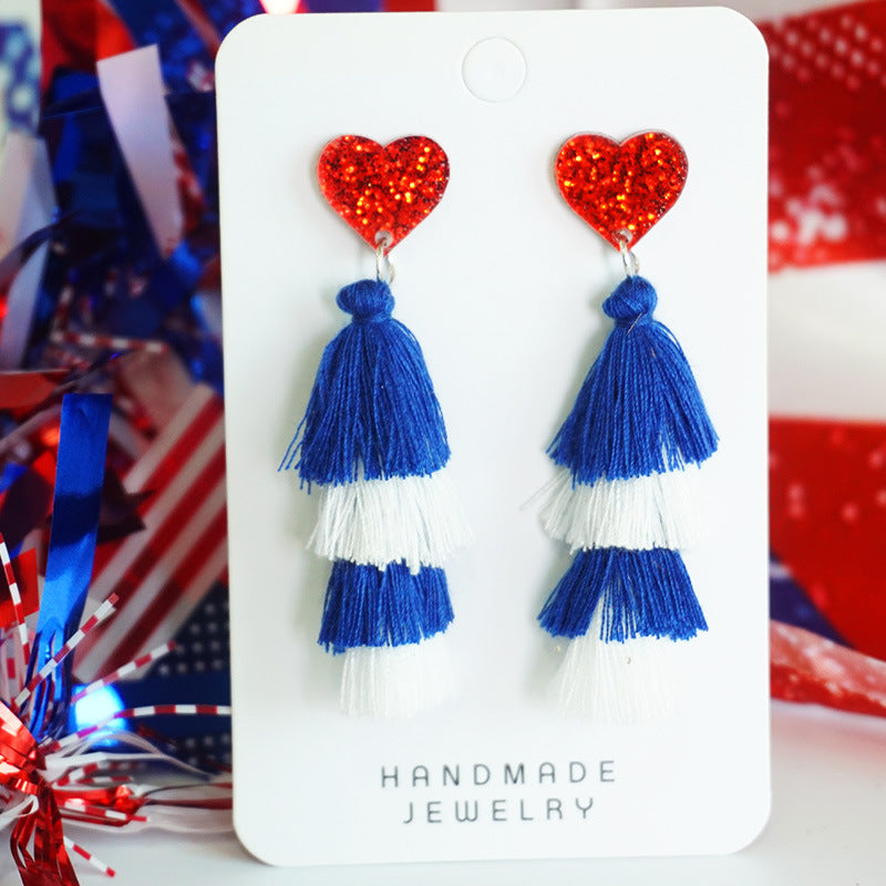 Wholesale 2 Pairs/pack American Independence Day Multi-layered Tassel Love Silk Earrings ACC-ES-HY041
