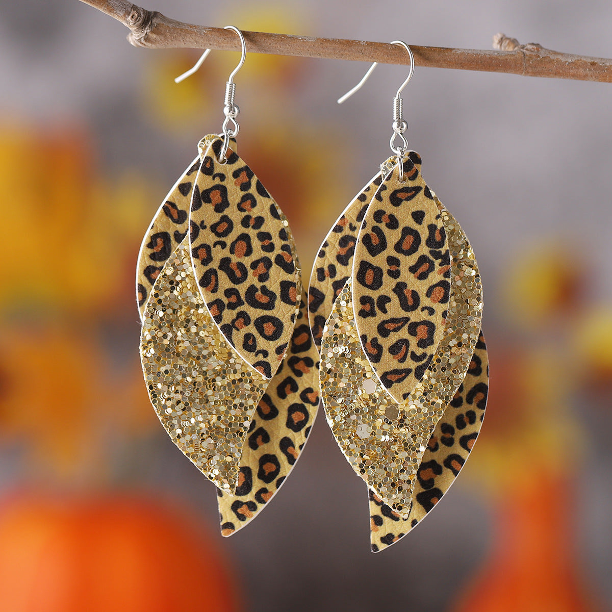 Wholesale Three-layer Leaf-shaped Sequined Leopard Leather Earrings ACC-ES-ChuLian113