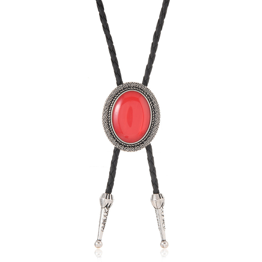 Wholesale Trendy Black Leather Bolo Tie Necklace Agate Gemstone Pendant Fashion Accessory