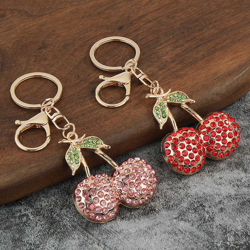 Wholesale Zinc Alloy Cherry Rhinestone Keychain Fruit Key Ring Stylish Bag Charm Gift for Wedding Boutique Resale