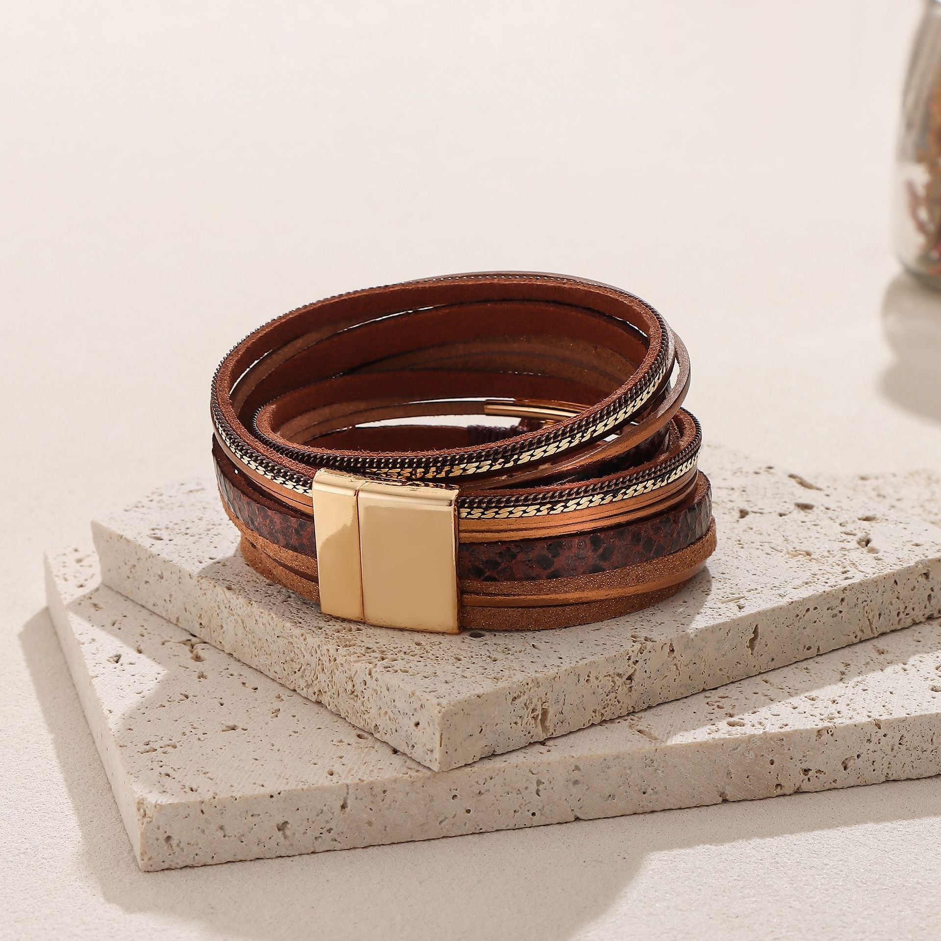 Wholesale Vintage Snakeskin Multi Layer Leather Bracelet Magnetic Clasp Women S Fashion Jewelry Accessory