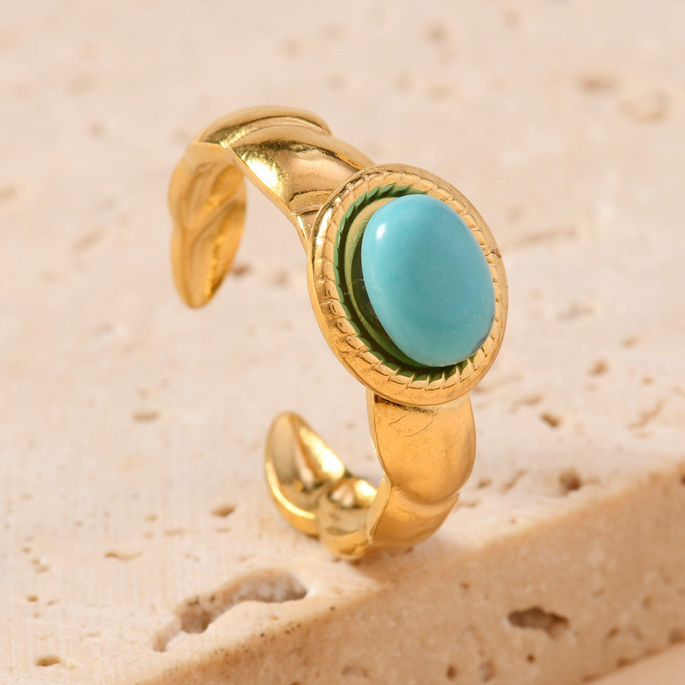 Wholesale Vintage Bohemian Open Stainless Steel Ring with Turquoise Inlay Jewelry Accessory