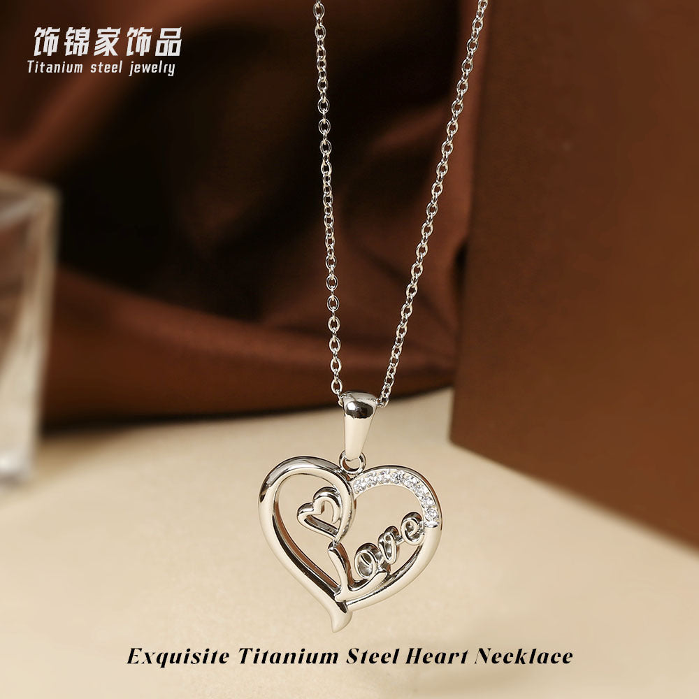 Wholesale Mother' s Day Titanium Steel Heart-Shaped Pendant Necklace with Zircon Inlay