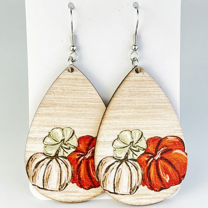 Wholesale 2 Pairs/pack Floral Ghost Bohemian Retro Thanksgiving Day Pumpkin Cute Wood Earrings ACC-ES-HY156